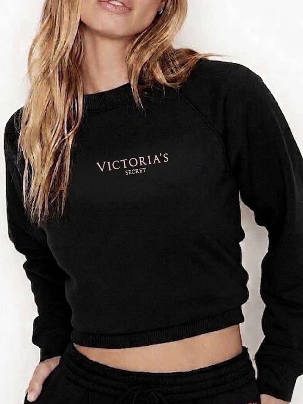 Victoria's Secret XS Black Pink Logo Cropped Crewneck Sweatshirt Sexy Loungewear